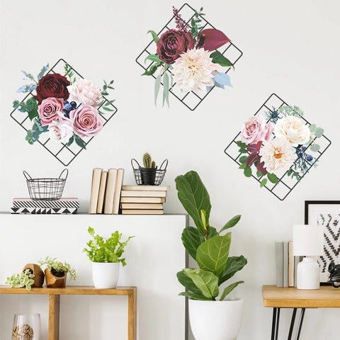 Moderno Adesivo da Parete a Forma di Fiore di Peonia Con Motivo a Griglia Nera Autoadesivo in PVC Decorazione Artistica per Soggiorno Camera da Letto Casa
