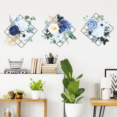 Sticker Mural Moderne en PVC Fleur de Pivoine Grille Géométrique Papier Peint Auto Adhésif Pour Salon Chambre Décor