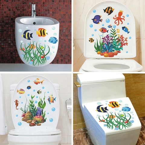 Autocollant de Couvercle de Toilette Monde Sous-marin Dessin Animé PVC Imperméable Vie Marine Décoration de Salle de Bain