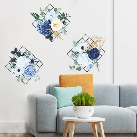 Sticker Mural Moderne en PVC Fleur de Pivoine Grille Géométrique Papier Peint Auto Adhésif Pour Salon Chambre Décor