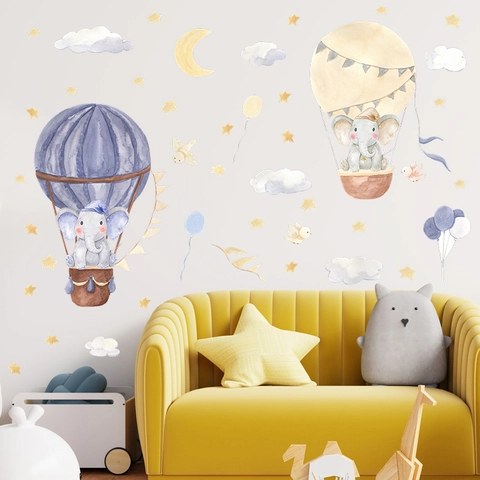 Watercolor Cartoon Elephant Hot Air Balloon Cloud Moon Wall Stickers PVC Removable DIY Mural For Kids Room Nursery Home Decor