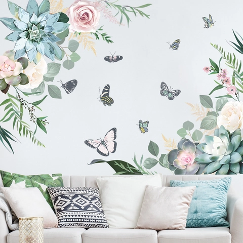 Pegatina de Pared Flores Mariposa Suculenta Calcomanía PVC Removible Para Sala de Estar Dormitorio Decoración Moderna Botánica Mural