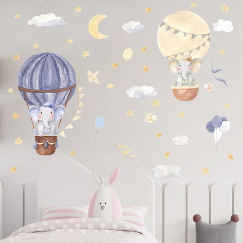 Watercolor Cartoon Elephant Hot Air Balloon Cloud Moon Wall Stickers PVC Removable DIY Mural For Kids Room Nursery Home Decor