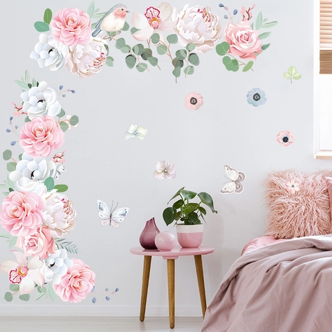 Frische Pfingstrose Rose Floral Wandaufkleber Selbstklebend PVC Schmetterling Vogel Wandtattoos Für Schlafzimmer Wohnzimmer Dekoration