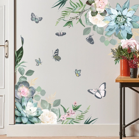 Pegatina de Pared Flores Mariposa Suculenta Calcomanía PVC Removible Para Sala de Estar Dormitorio Decoración Moderna Botánica Mural