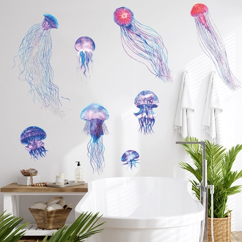 Aquarell Quallen Wandsticker PVC Wasserdicht Abnehmbar Meeresleben Aufkleber Für Badezimmer Kinderzimmer Zuhause Dekoration