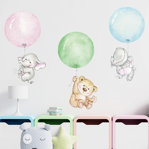 Aquarell Cartoon Tier Ballon Wandtattoo Elefant Bär Nilpferd PVC Abnehmbarer Aufkleber Für Kinderzimmer Babyzimmer Deko