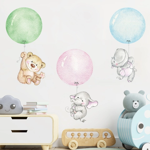 Aquarell Cartoon Tier Ballon Wandtattoo Elefant Bär Nilpferd PVC Abnehmbarer Aufkleber Für Kinderzimmer Babyzimmer Deko