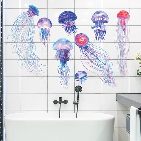 Aquarell Quallen Wandsticker PVC Wasserdicht Abnehmbar Meeresleben Aufkleber Für Badezimmer Kinderzimmer Zuhause Dekoration