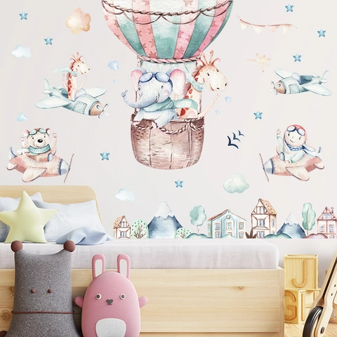 Aquarell Cartoon Elefant Giraffe Heißluftballon Flugzeug Wandaufkleber Für Kinderzimmer Kindergarten Haus Wanddeko PVC Wandtattoos