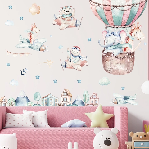 Aquarell Cartoon Elefant Giraffe Heißluftballon Flugzeug Wandaufkleber Für Kinderzimmer Kindergarten Haus Wanddeko PVC Wandtattoos