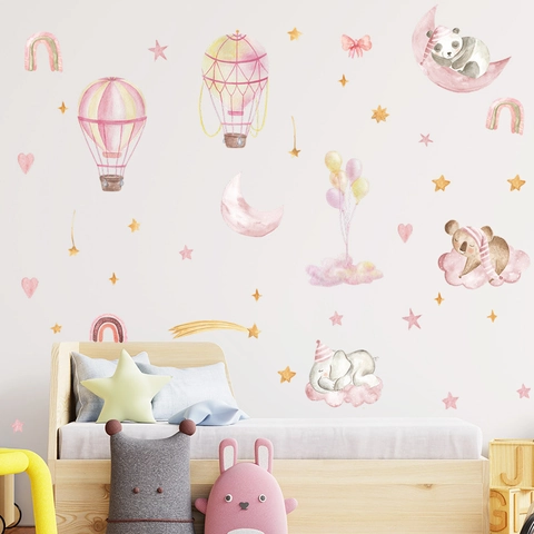 Watercolor Elephant Koala Hot Air Balloon Rainbow Wall Stickers For Kids Room Nursery Home Decor PVC DIY Peel Stick Mural