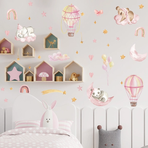 Watercolor Elephant Koala Hot Air Balloon Rainbow Wall Stickers For Kids Room Nursery Home Decor PVC DIY Peel Stick Mural
