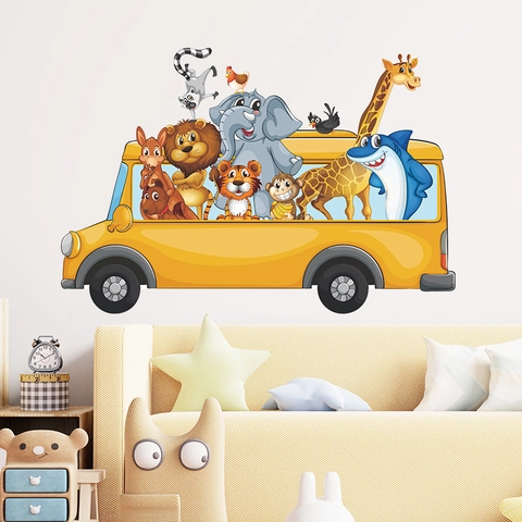 Cartoon Tiere Schulbus Wandaufkleber Für Kinderzimmer Kindergarten Klassenzimmer PVC Abnehmbare DIY Wandtattoos Home Decor