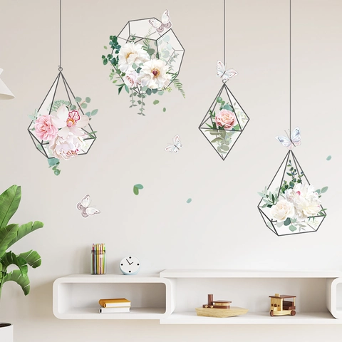 Adesivo da Parete in PVC a Forma di Cesto Appeso di Fiori Freschi Fiori Geometrici Farfalla Autoadesivo per Soggiorno Camera da Letto