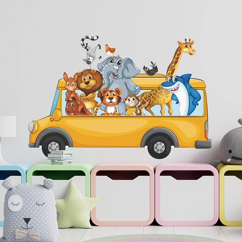 Cartoon Tiere Schulbus Wandaufkleber Für Kinderzimmer Kindergarten Klassenzimmer PVC Abnehmbare DIY Wandtattoos Home Decor