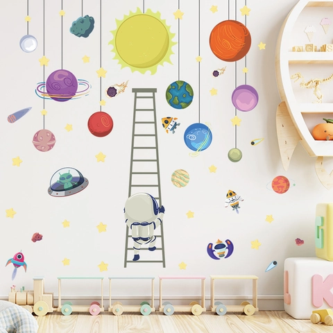Cartoon Weltraum Astronaut Planeten Wandtattoos Für Kinderzimmer Kindergarten Home Decor PVC Wasserdicht Selbstklebend DIY Wandtattoo Set