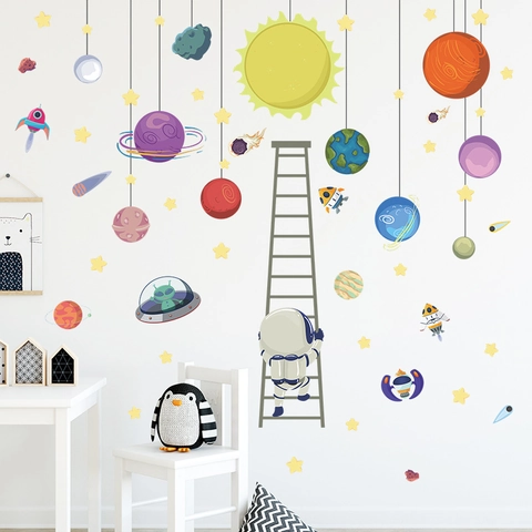 Cartoon Weltraum Astronaut Planeten Wandtattoos Für Kinderzimmer Kindergarten Home Decor PVC Wasserdicht Selbstklebend DIY Wandtattoo Set
