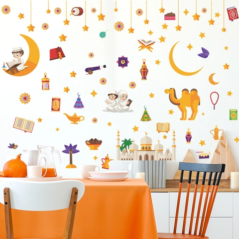 Ramadan Kareem Cartoon Wall Stickers Moon Star Mosque Camel Castle Self-Adhesive PVC Decals For Kids Room Bedroom Home Decor