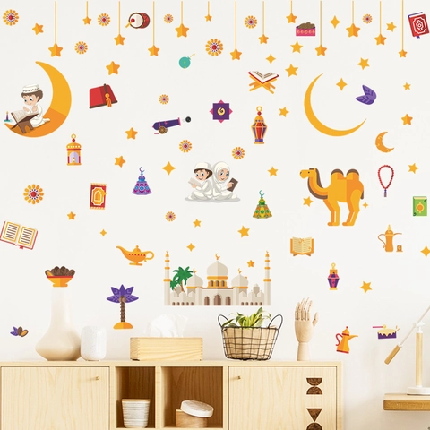 Ramadan Kareem Cartoon Wall Stickers Moon Star Mosque Camel Castle Self-Adhesive PVC Decals For Kids Room Bedroom Home Decor