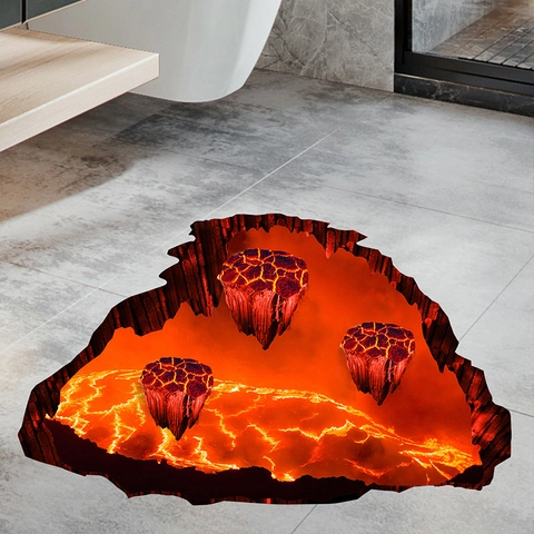 Sticker de Sol Magma Lava 3D Autocollant Mural Imperméable Amovible PVC Volcan Flamme Sticker Mural pour Chambre d'Enfant Salon Décoration de Maison
