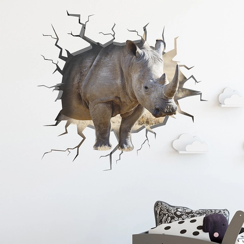 Adesivo da Parete 3D Rinoceronte Che Sfonda Il Muro PVC Impermeabile Autoadesivo Animale Decalcomania per Camera dei Ragazzi