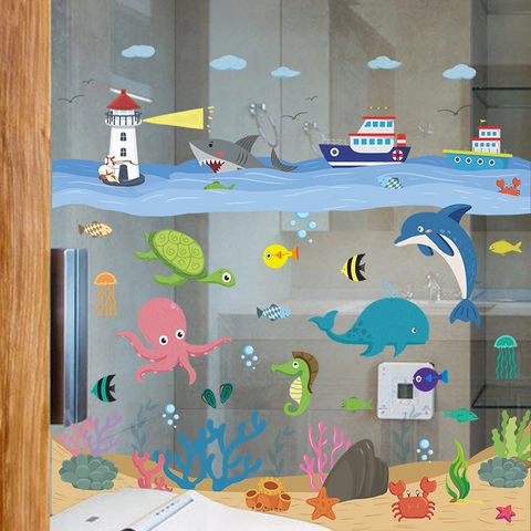 Cartoon Oceaanwereld Muurstickers Octopus Walvis PVC Waterdicht Decoratieve Muurstickers Voor Kinderkamer Badkamer