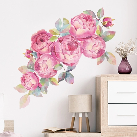 Adesivi Murali Fiori di Peonia Acquerello Rosa Floreale Fai da Te Autoadesivi in PVC per Camera da Letto Soggiorno Casa Parete