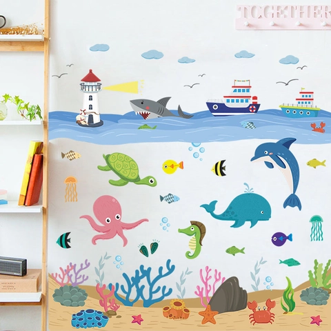 Cartoon Oceaanwereld Muurstickers Octopus Walvis PVC Waterdicht Decoratieve Muurstickers Voor Kinderkamer Badkamer