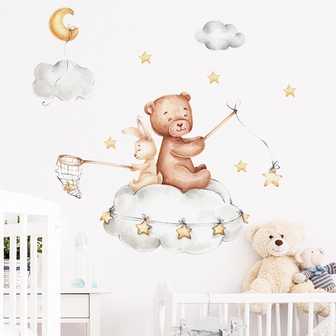 Aquarell Bär Hase Angeln Sterne Wandtattoo Für Kinderzimmer Kindergarten Deko DIY Cartoon Tiere Wolken Mond Aufkleber