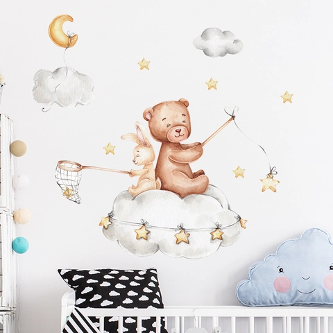 Aquarell Bär Hase Angeln Sterne Wandtattoo Für Kinderzimmer Kindergarten Deko DIY Cartoon Tiere Wolken Mond Aufkleber