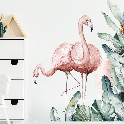 Adesivi Murali Fenicottero Acquerello E Foglie Tropicali Monstera PVC Decalcomanie Autoadesive Rimovibili Per Soggiorno Casa