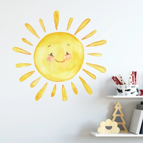Cartoon Watercolor Smiling Sun Wall Sticker PVC Self Adhesive Decal For Kids Bedroom Nursery Home Decoration Wallpaper