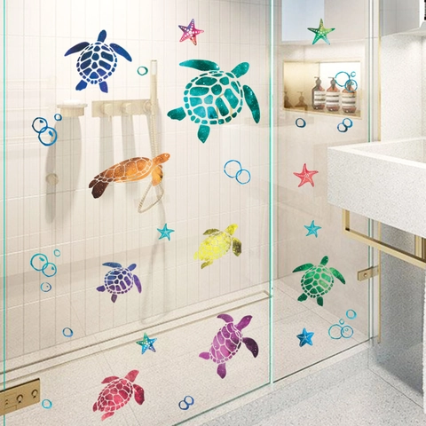 Watercolor Ocean Sea Turtle Wall Stickers Colorful Starfish Removable PVC Decals For Kids Nursery Bathroom Home Decor