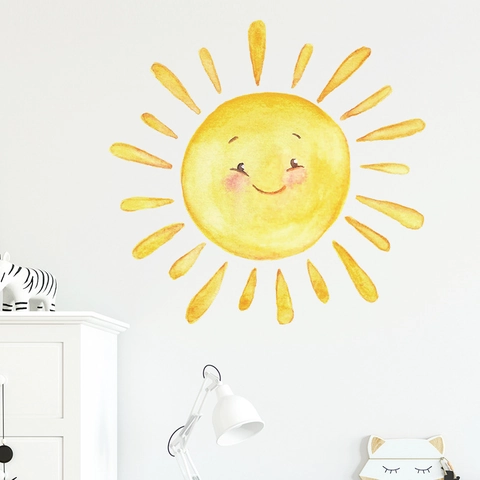 Cartoon Watercolor Smiling Sun Wall Sticker PVC Self Adhesive Decal For Kids Bedroom Nursery Home Decoration Wallpaper