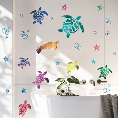 Watercolor Ocean Sea Turtle Wall Stickers Colorful Starfish Removable PVC Decals For Kids Nursery Bathroom Home Decor