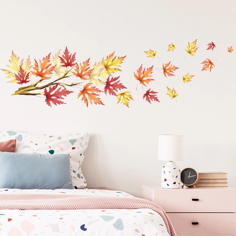 Adesivi Murali Foglie d'Acero Autunnali e Rami d'Albero Impermeabili in PVC Decalcomanie Decorative per Camera da Letto Soggiorno
