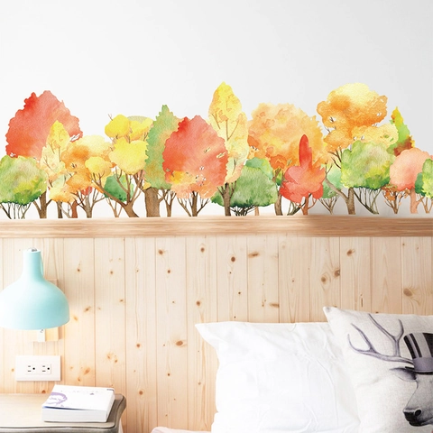 Adesivi Murali Foresta Autunnale Acquerello Alberi Multicolore PVC Decalcomanie Autoadesive per Decorazione Parete Camera Soggiorno