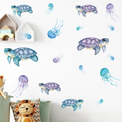 Watercolor Ocean Sea Turtle Jellyfish Wall Stickers PVC Self Adhesive Decals For Kids Room Nursery Bathroom Decor