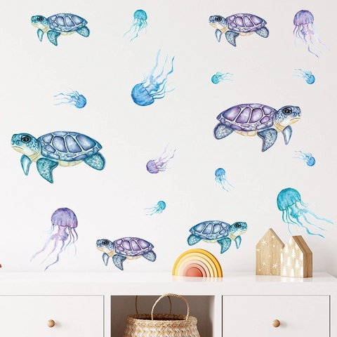 Watercolor Ocean Sea Turtle Jellyfish Wall Stickers PVC Self Adhesive Decals For Kids Room Nursery Bathroom Decor