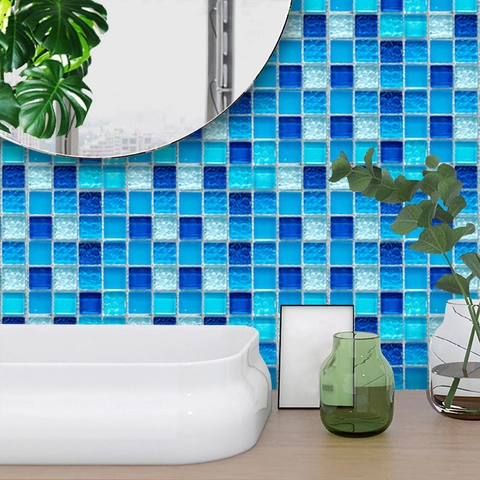Adesivi per Piastrelle a Mosaico Blu Impermeabili Autoadesivi in PVC per Cucina Bagno Decorazione della Casa Arte Murale