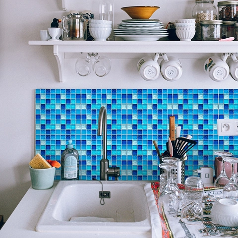 Adesivi per Piastrelle a Mosaico Blu Impermeabili Autoadesivi in PVC per Cucina Bagno Decorazione della Casa Arte Murale