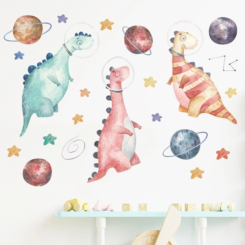 Adesivi Murali Dinosauro Astronauta per Cameretta Bambini PVC Impermeabile Pianeta Spazio Decalcomanie Cartone Animato Decor