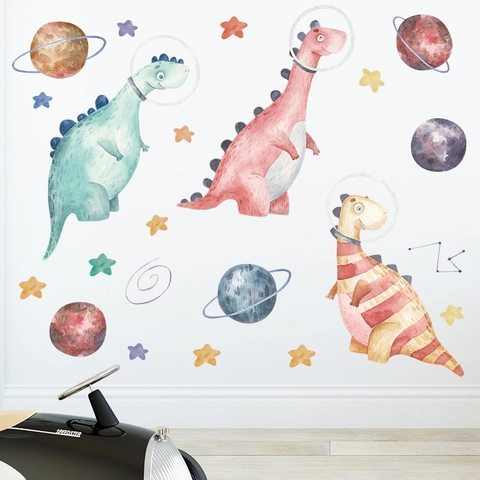 Adesivi Murali Dinosauro Astronauta per Cameretta Bambini PVC Impermeabile Pianeta Spazio Decalcomanie Cartone Animato Decor