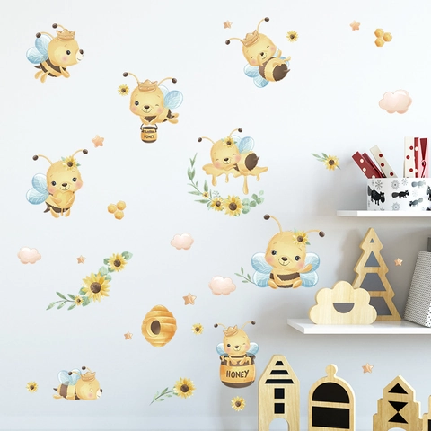 Stickers Muraux Abeille et Tournesol Dessin Animé Aquarelle Abeilles Nid d'Abeille PVC Autocollants Muraux pour Chambre d'Enfants