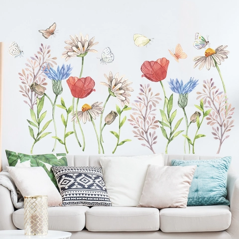 Aquarel Bloem Vlinder Muursticker Zelfklevend PVC Floral Muursticker Voor Woonkamer Slaapkamer Home Esthetische Decoratie