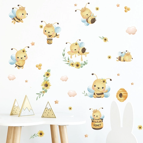 Stickers Muraux Abeille et Tournesol Dessin Animé Aquarelle Abeilles Nid d'Abeille PVC Autocollants Muraux pour Chambre d'Enfants