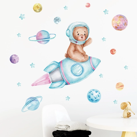 Aquarell Astronaut Bär Rakete Planet Wandaufkleber Für Kinderzimmer Deko Cartoon Weltraum Thema Wandtattoo