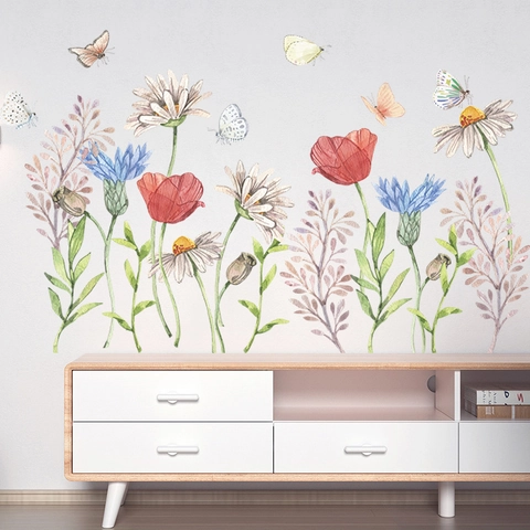 Aquarel Bloem Vlinder Muursticker Zelfklevend PVC Floral Muursticker Voor Woonkamer Slaapkamer Home Esthetische Decoratie