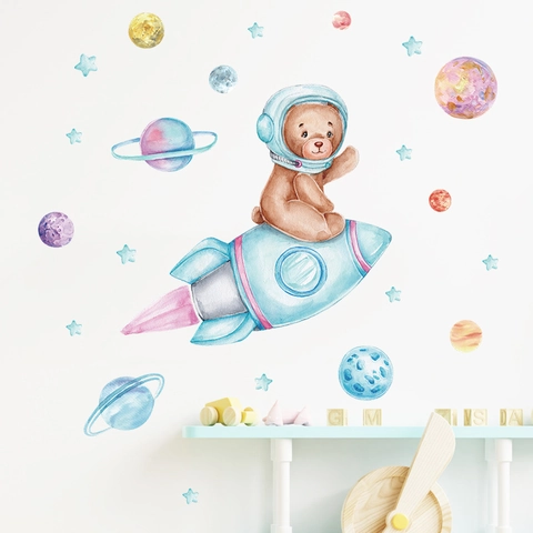 Aquarell Astronaut Bär Rakete Planet Wandaufkleber Für Kinderzimmer Deko Cartoon Weltraum Thema Wandtattoo